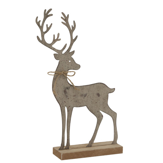 Large Rustic Metal Reindeer On Wood Stand - PLAINLY DOES IT