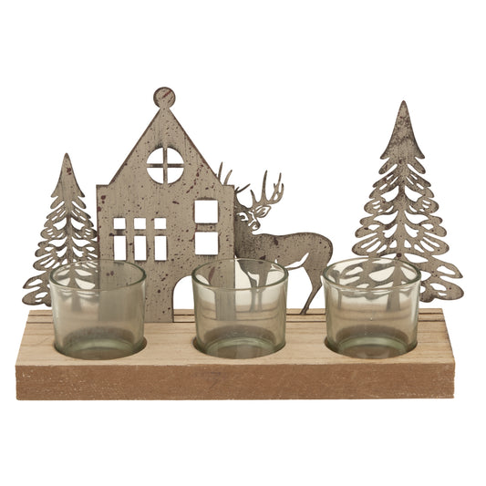 Rustic Metal Scene Tealight On Wood Stand With Glass Votives - PLAINLY DOES IT