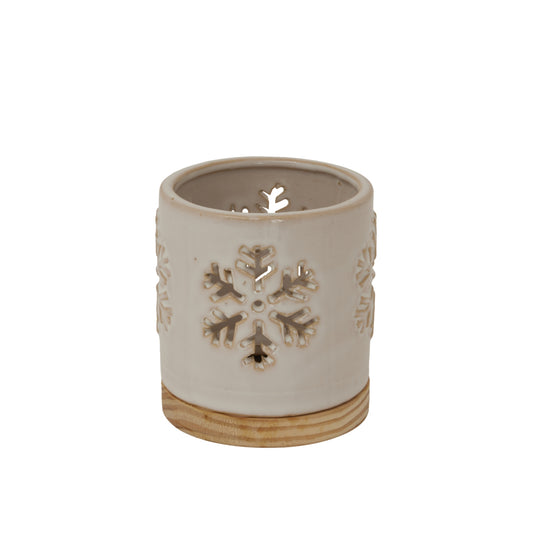 Alora Ceramic Snowflake Candle Holder On Wood Base - PLAINLY DOES IT