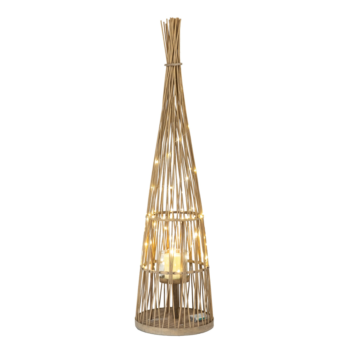 Large Conical Wicker LED Lantern with Glass Holder