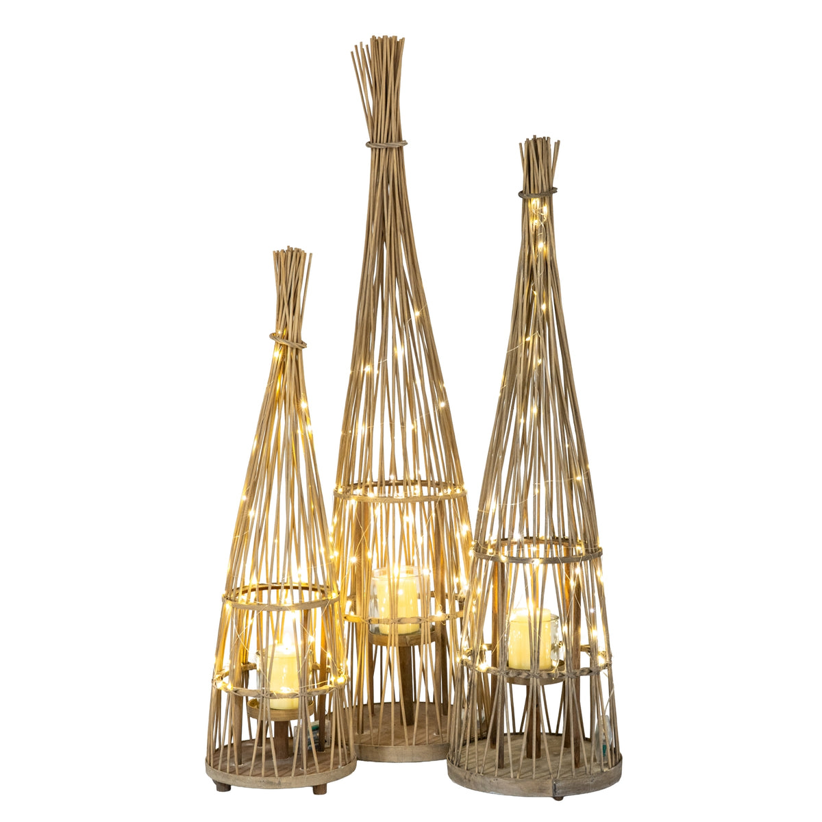 Large Conical Wicker LED Lantern with Glass Holder