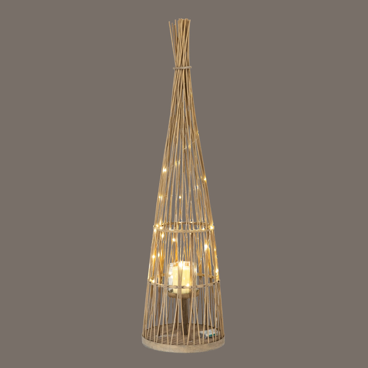 Large Conical Wicker LED Lantern with Glass Holder