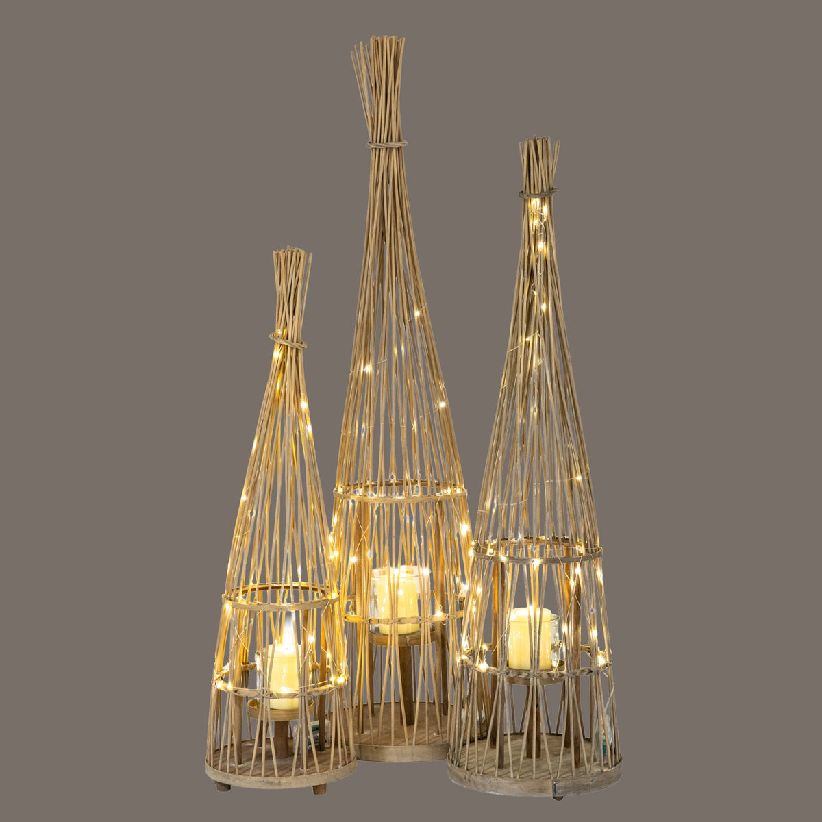 Large Conical Wicker LED Lantern with Glass Holder