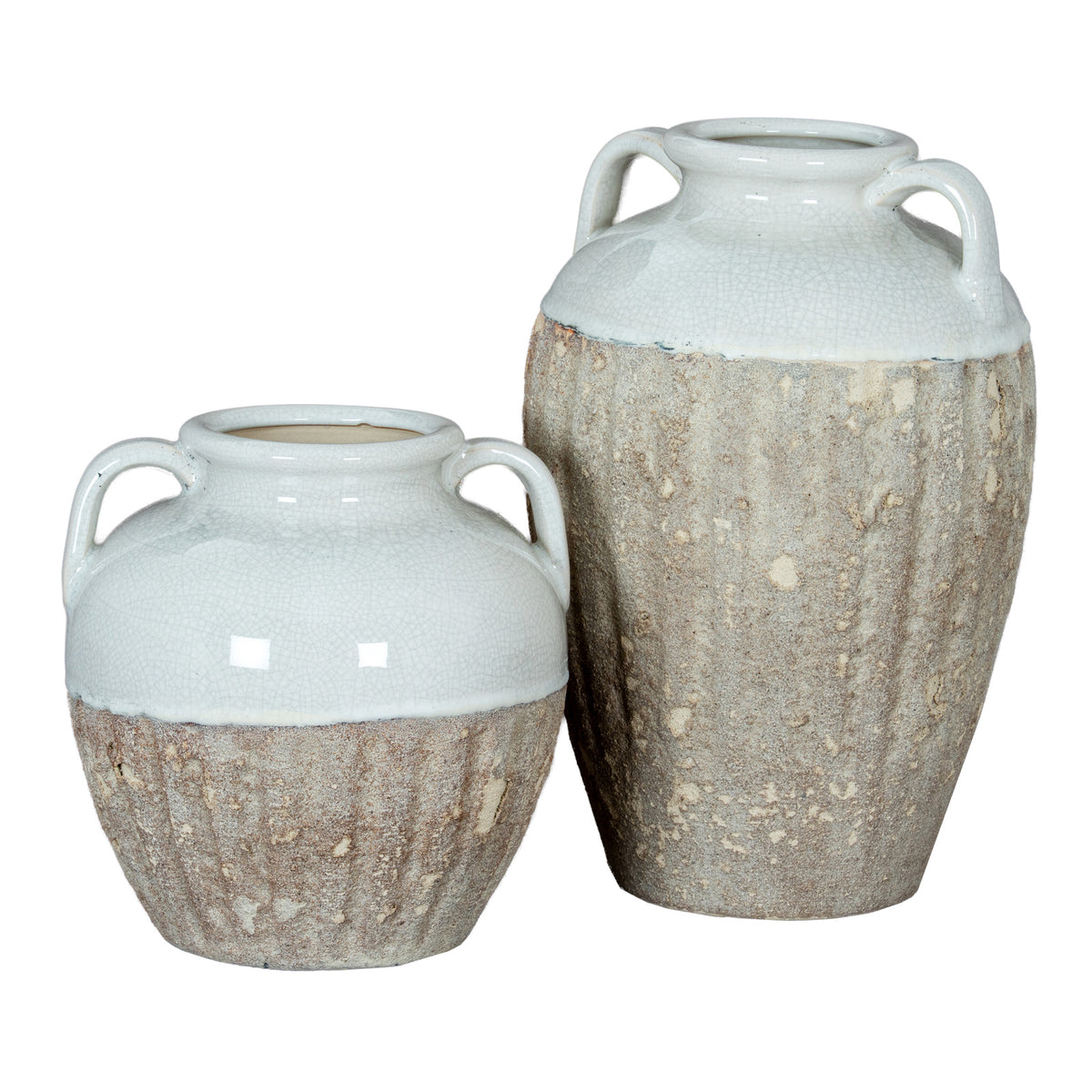 Two ceramic vases with white and beige finishes on a white background