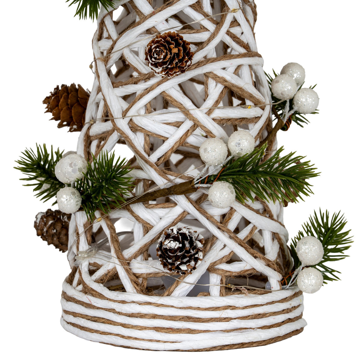 Large LED White Rattan Cone Tree With Winter Branches - PLAINLY DOES IT