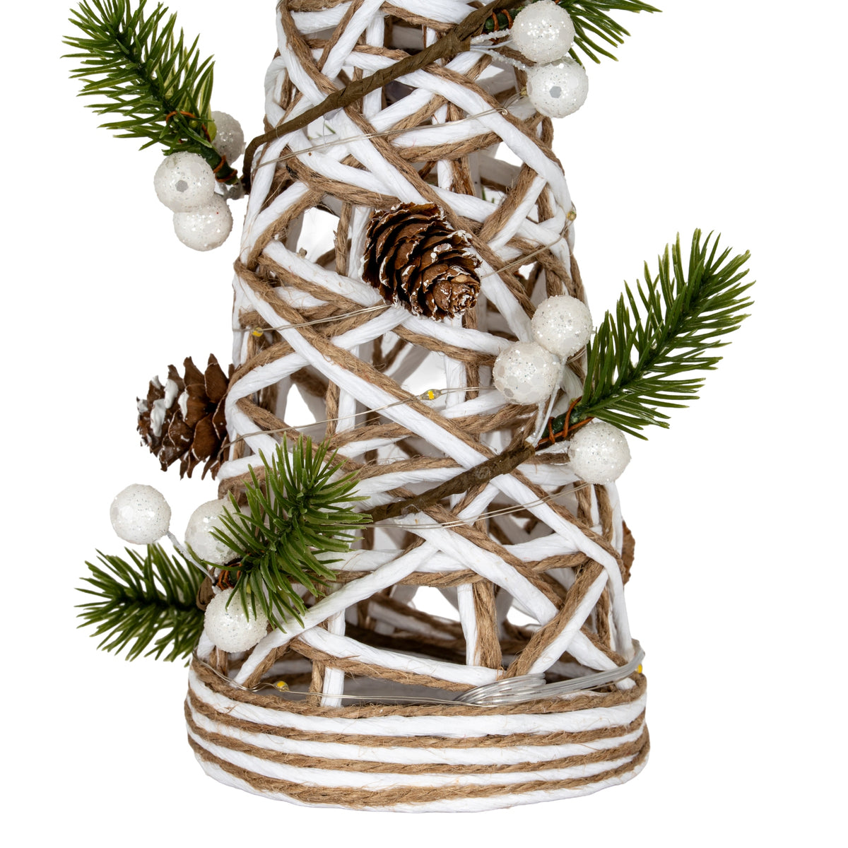 Small LED White Rattan Cone Tree With Winter Branches - PLAINLY DOES IT