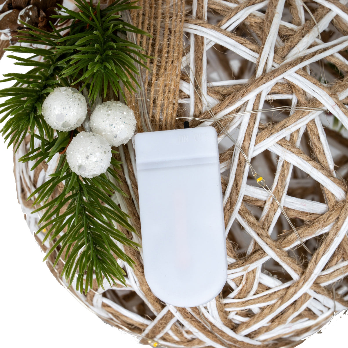 Small LED White Rattan Bauble With Branches And Ribbon - PLAINLY DOES IT