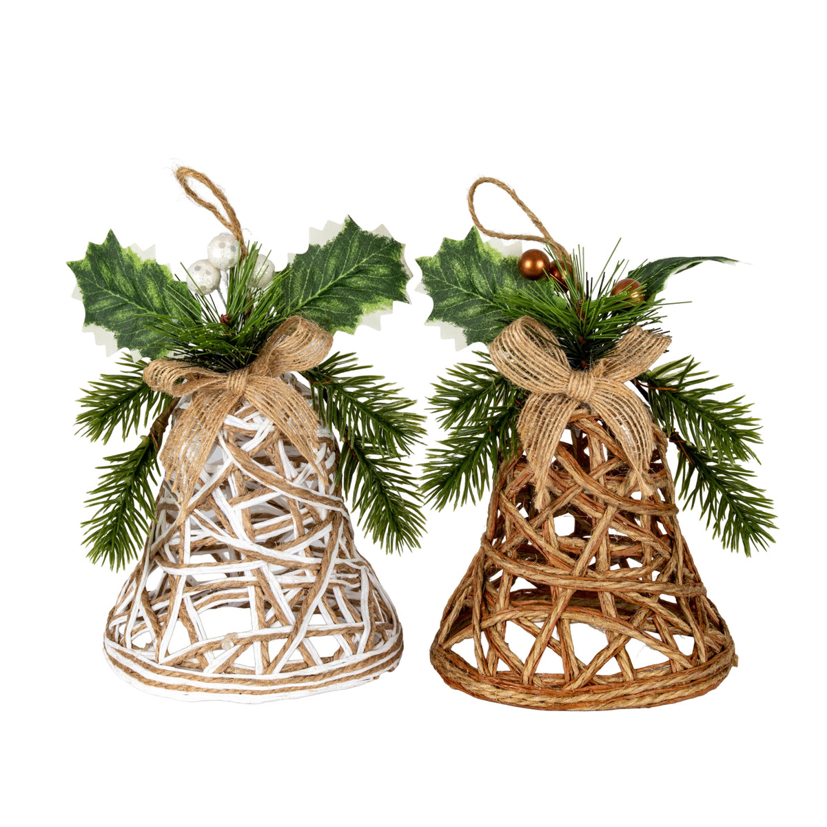 White Rattan Bell Decoration With Branches And Ribbon - PLAINLY DOES IT