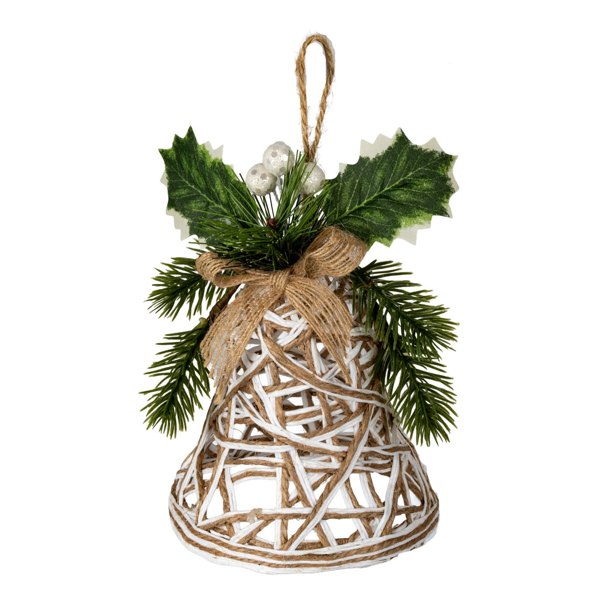 White Rattan Bell Decoration With Branches And Ribbon - PLAINLY DOES IT