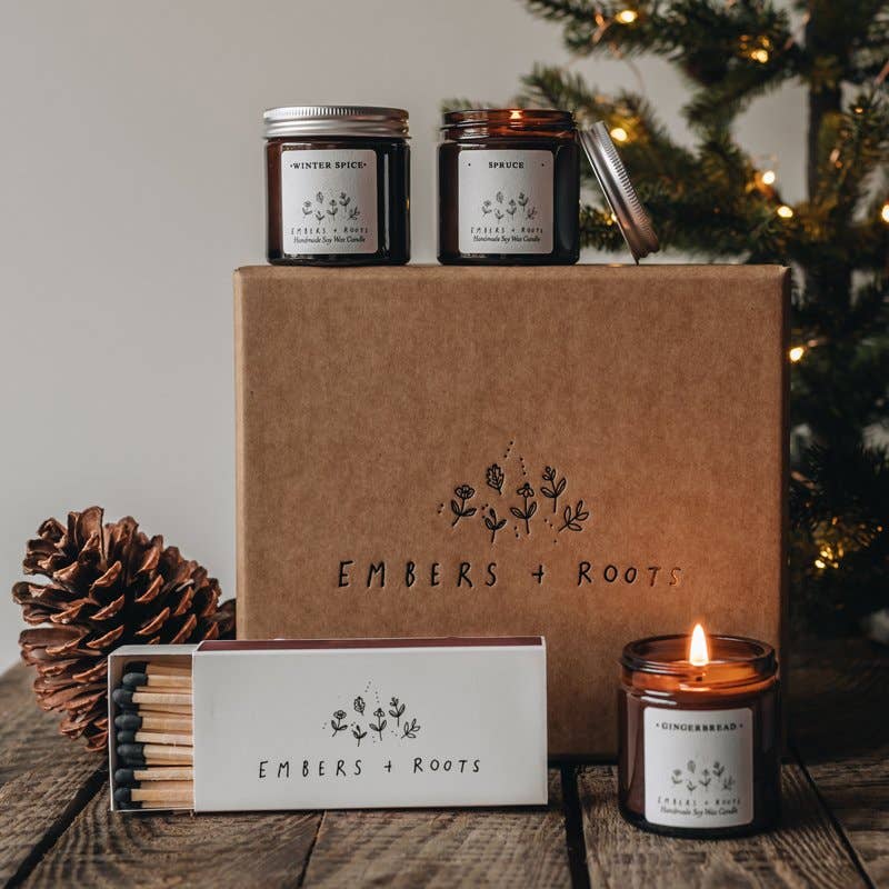 Embers & Roots Christmas candle gift box with candles, matches and festive greenery
