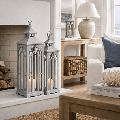 Set Of Three Wooden Lanterns With Archway Design