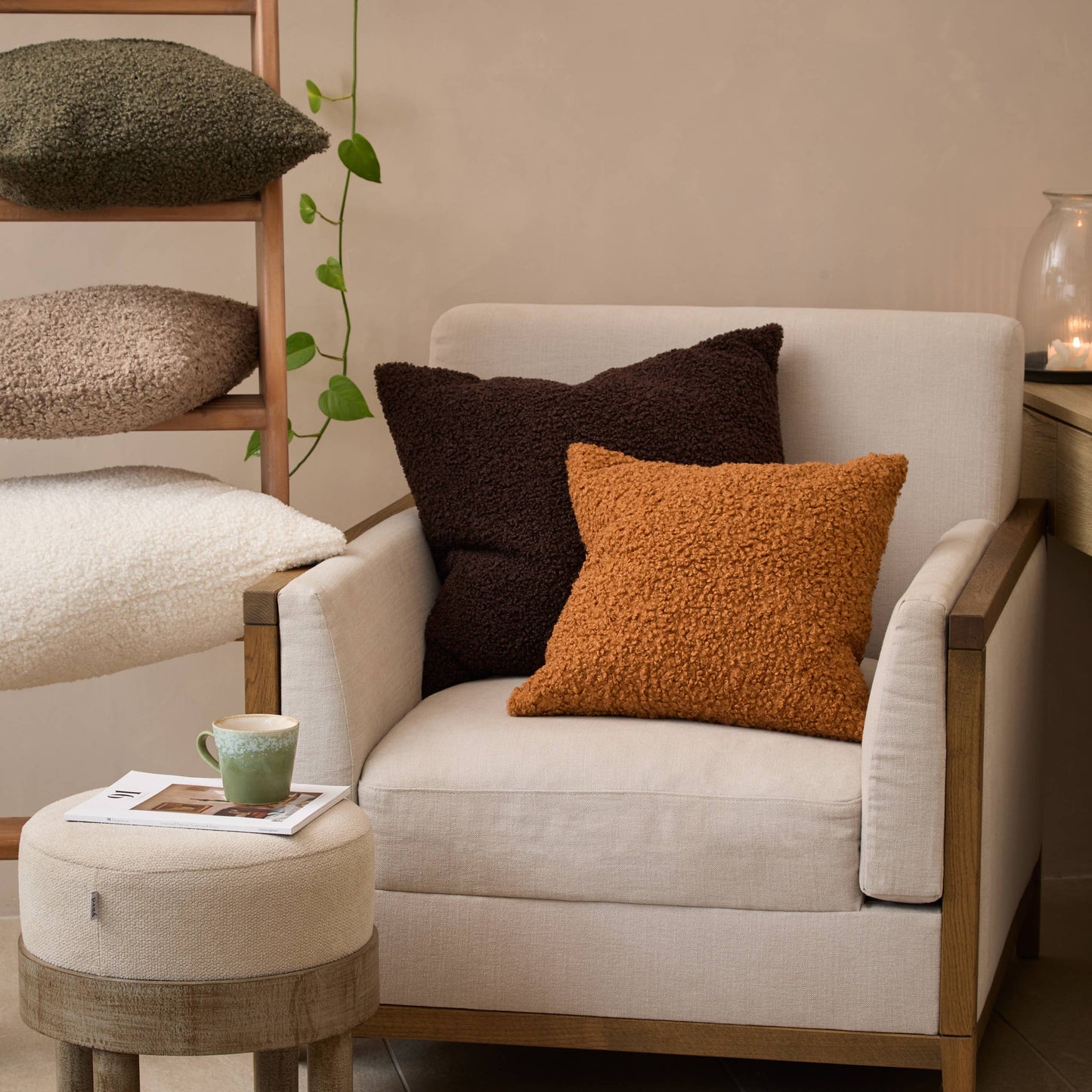 Cabu Chunky Bouclé Cushion - Chocolate, Feather Filled, 55 × 55cm