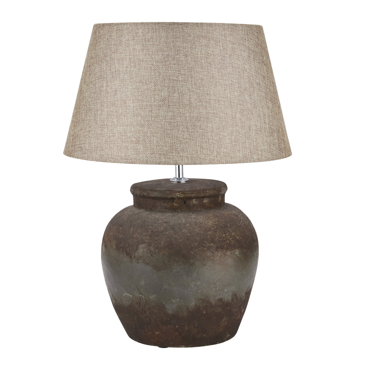 Table lamp with textured brown base and beige lampshade on a white background