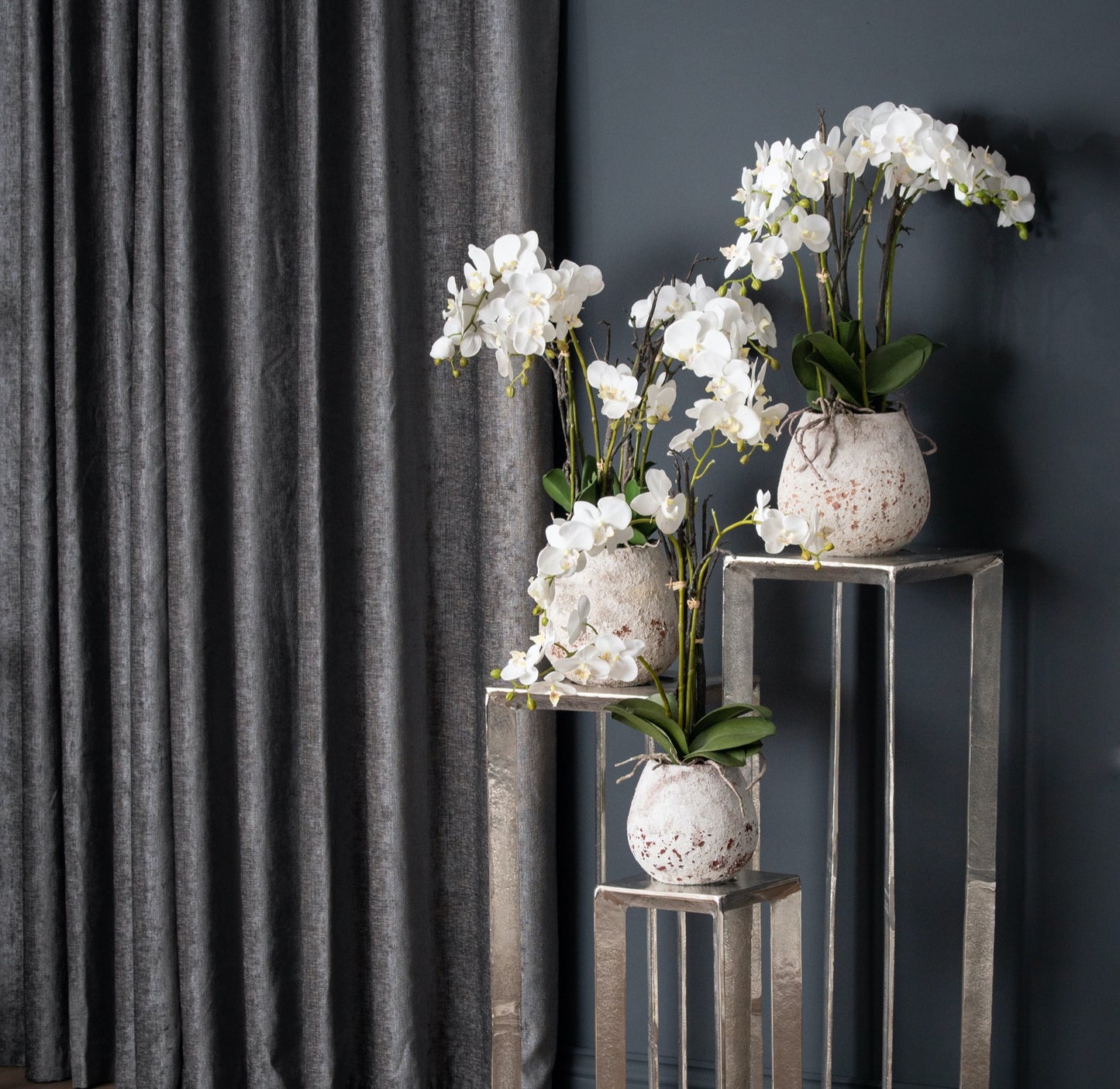 White Faux Orchid in Stone Pot, 70cm