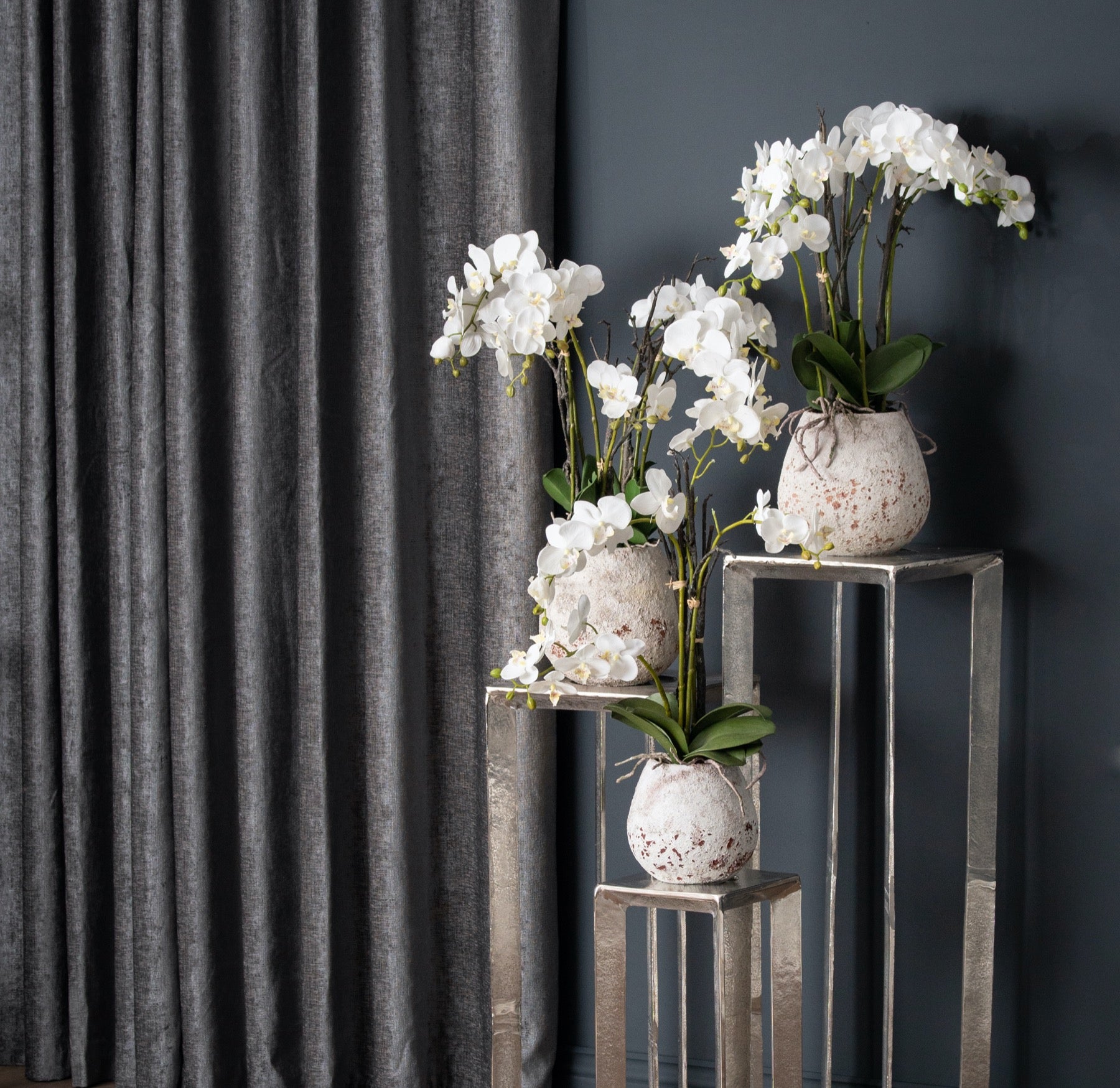 White Faux Orchid in Stone Pot, 70cm