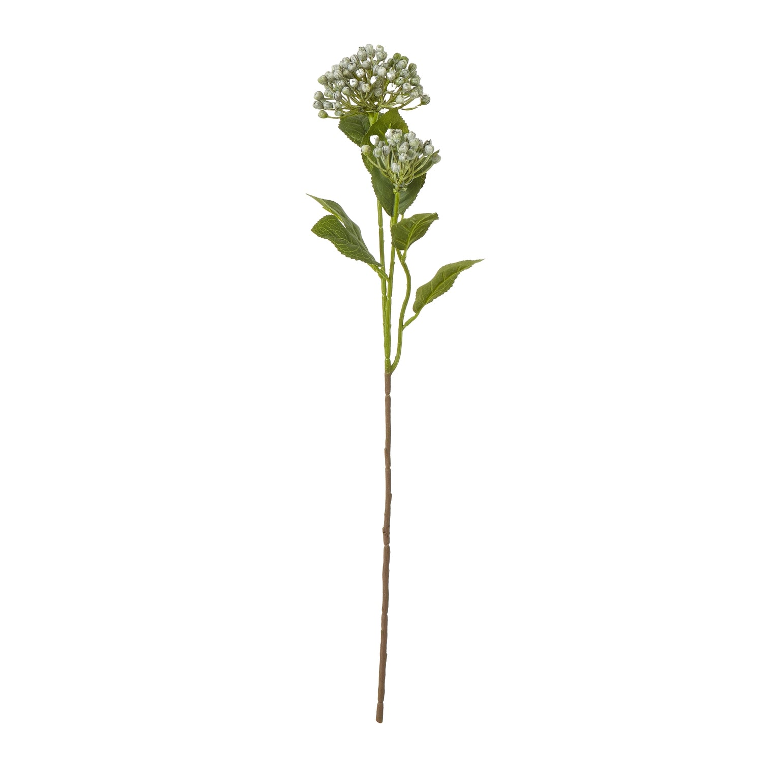 Artificial plant stem with green leaves and small white flowers on a white background