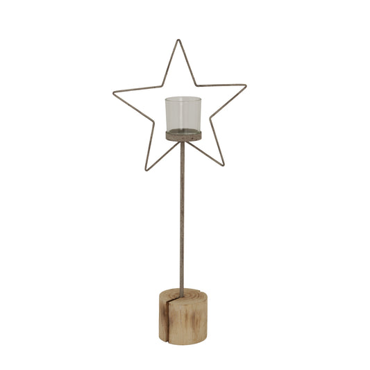 Large Natural Rustic Star On Wood Stand With Glass Votive - PLAINLY DOES IT