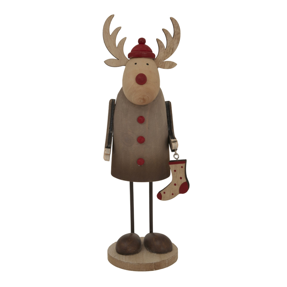 Decorative reindeer figure with a coat, hat, and sock on a white background