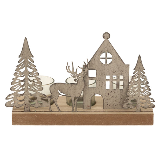 Rustic Metal Scene Tealight On Wood Stand With Glass Votives - PLAINLY DOES IT