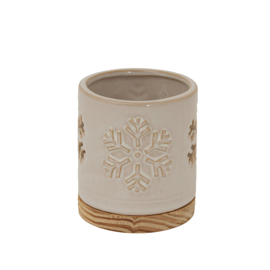 Alora Ceramic Snowflake Candle Holder On Wood Base - PLAINLY DOES IT