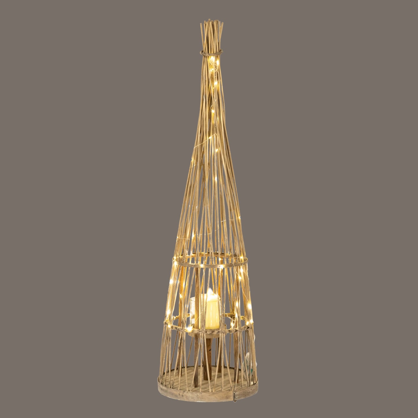 Small Conical Wicker Lantern With Glass Holder & LED Lights