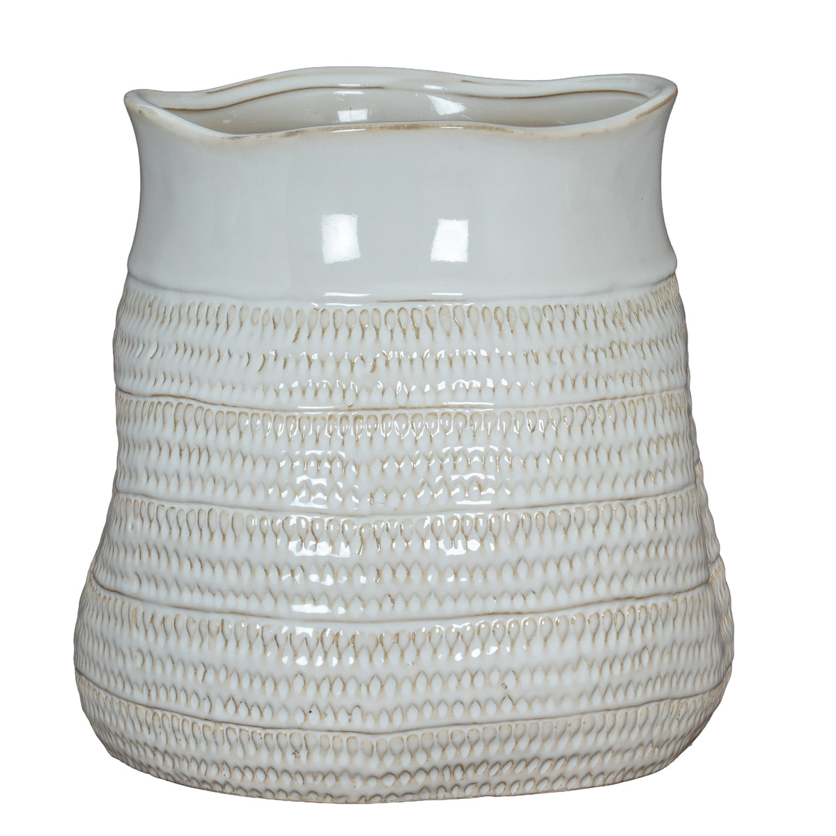 White ceramic vase with textured design on a white background
