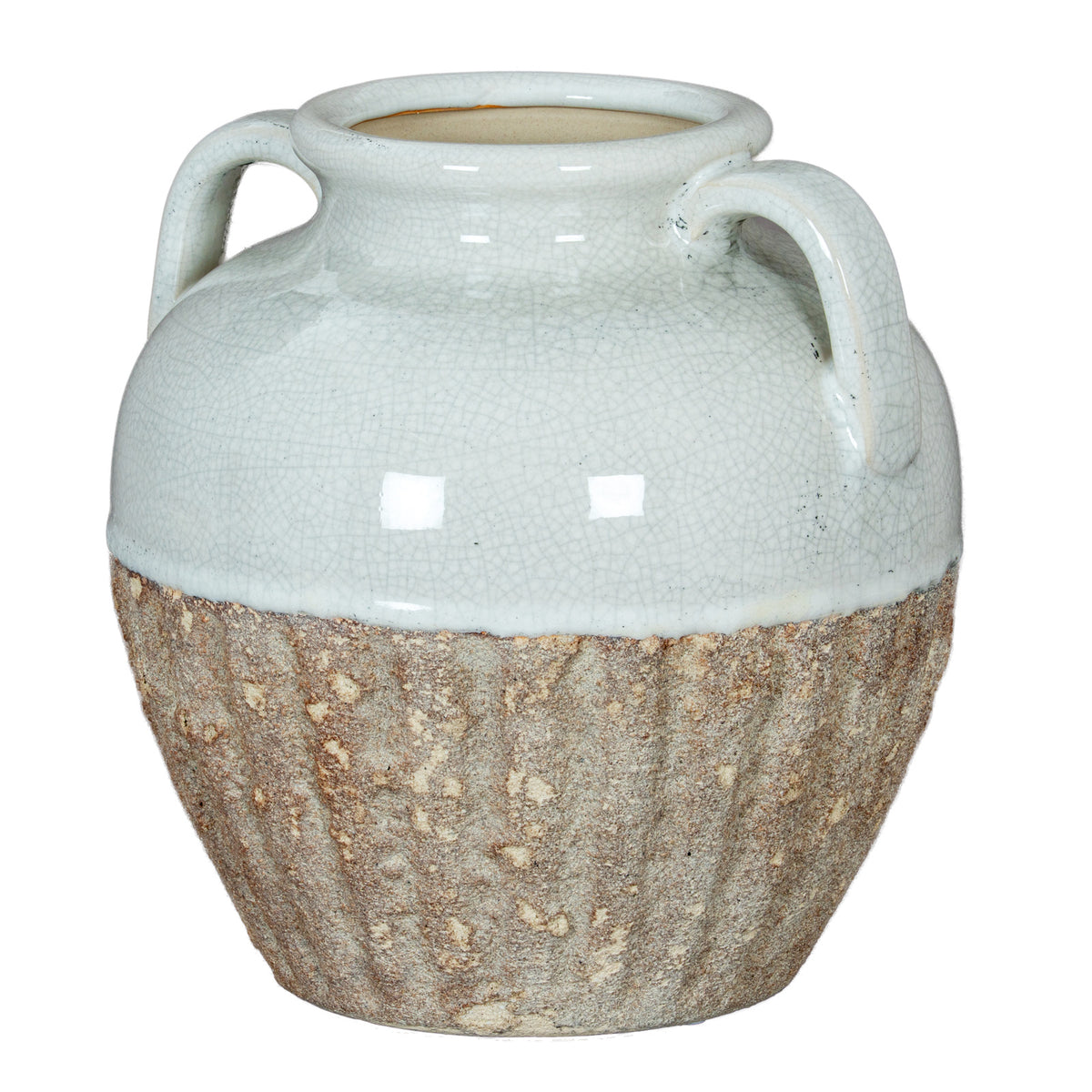 Ceramic vase with two handles on a white background