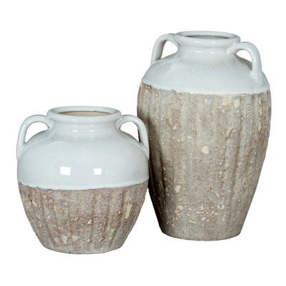 Two ceramic vases with white and beige finishes on a white background
