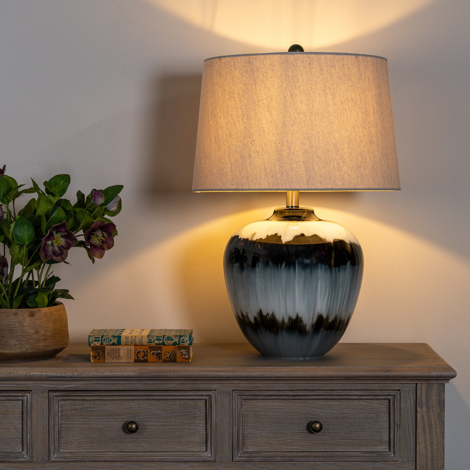 Midnight Shadows Glass Table Lamp with Linen Shade, 61cm