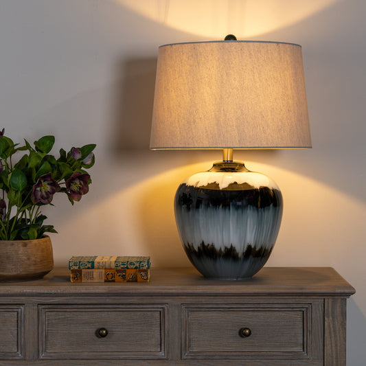 Midnight Shadows Glass Table Lamp with Linen Shade, 61cm