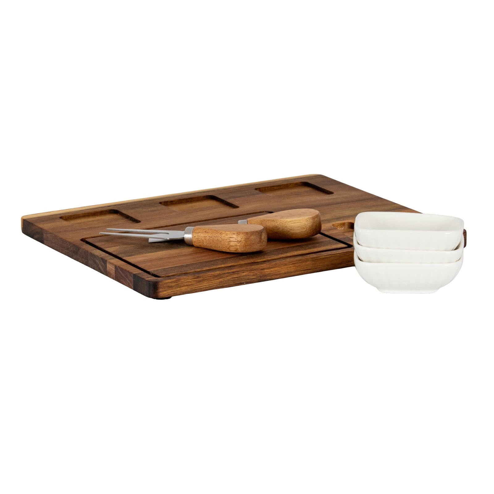 Acacia Cheese Board Set With White Ceramic Bowls And Cutlery