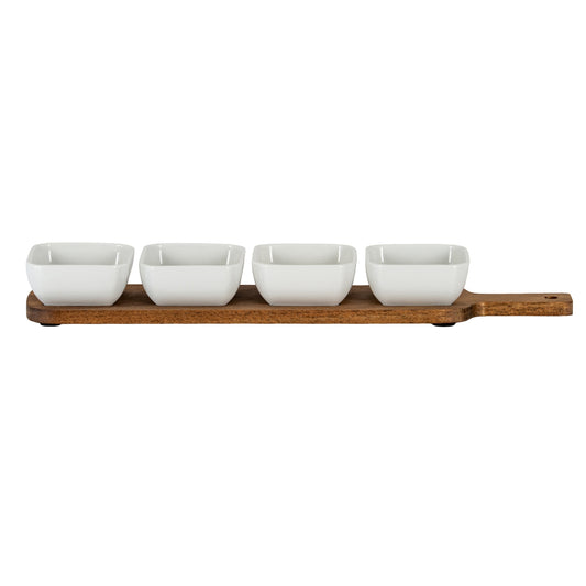 Acacia Serving Board including Four Ceramic Serving Bowls