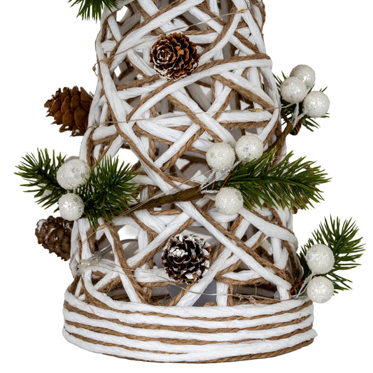 Large LED White Rattan Cone Tree With Winter Branches - PLAINLY DOES IT