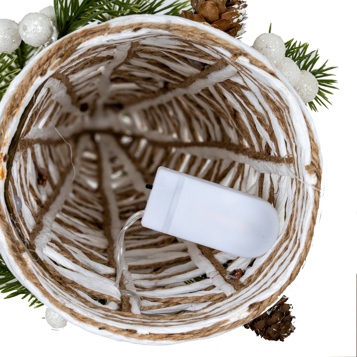 Large LED White Rattan Cone Tree With Winter Branches - PLAINLY DOES IT