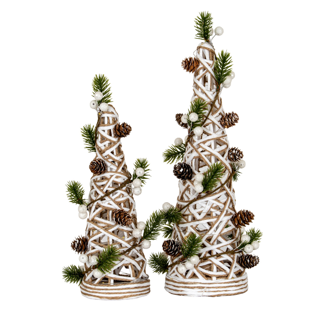 Large LED White Rattan Cone Tree With Winter Branches - PLAINLY DOES IT
