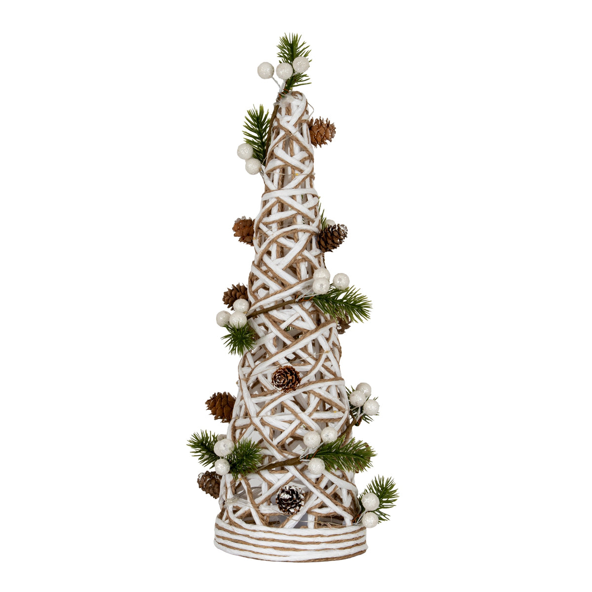 Large LED White Rattan Cone Tree With Winter Branches - PLAINLY DOES IT
