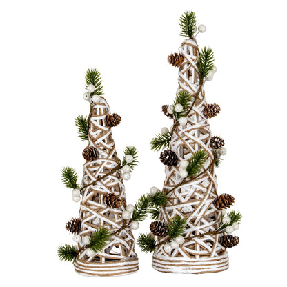 Small LED White Rattan Cone Tree With Winter Branches - PLAINLY DOES IT