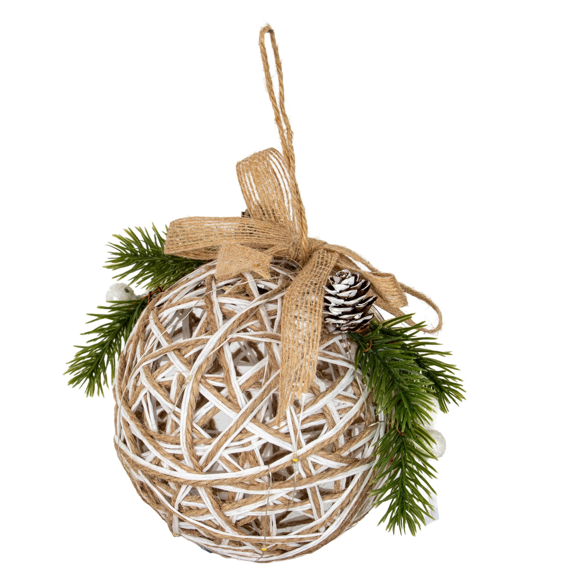 Small LED White Rattan Bauble With Branches And Ribbon - PLAINLY DOES IT