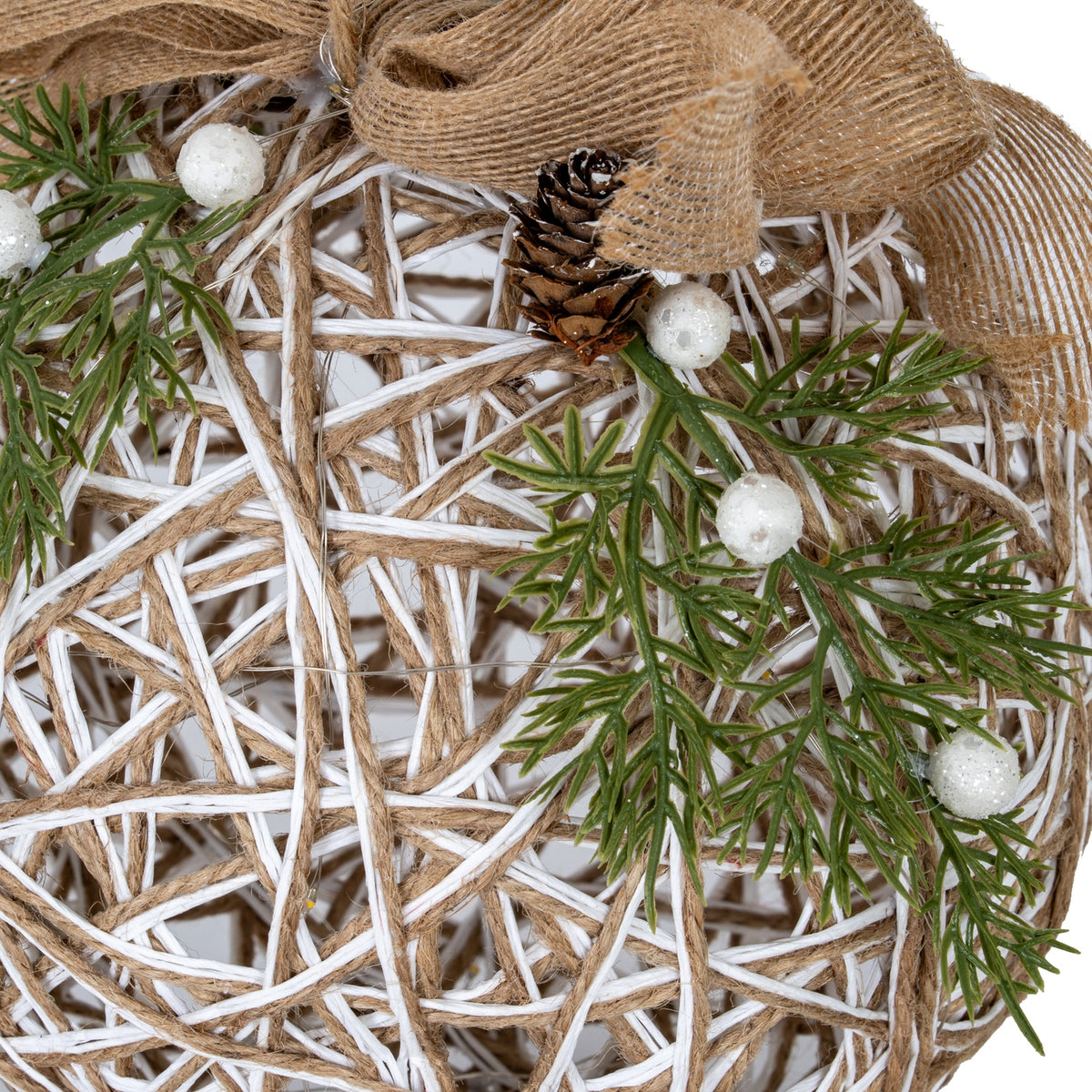 Large LED White Rattan Bauble With Branches And Ribbon - PLAINLY DOES IT