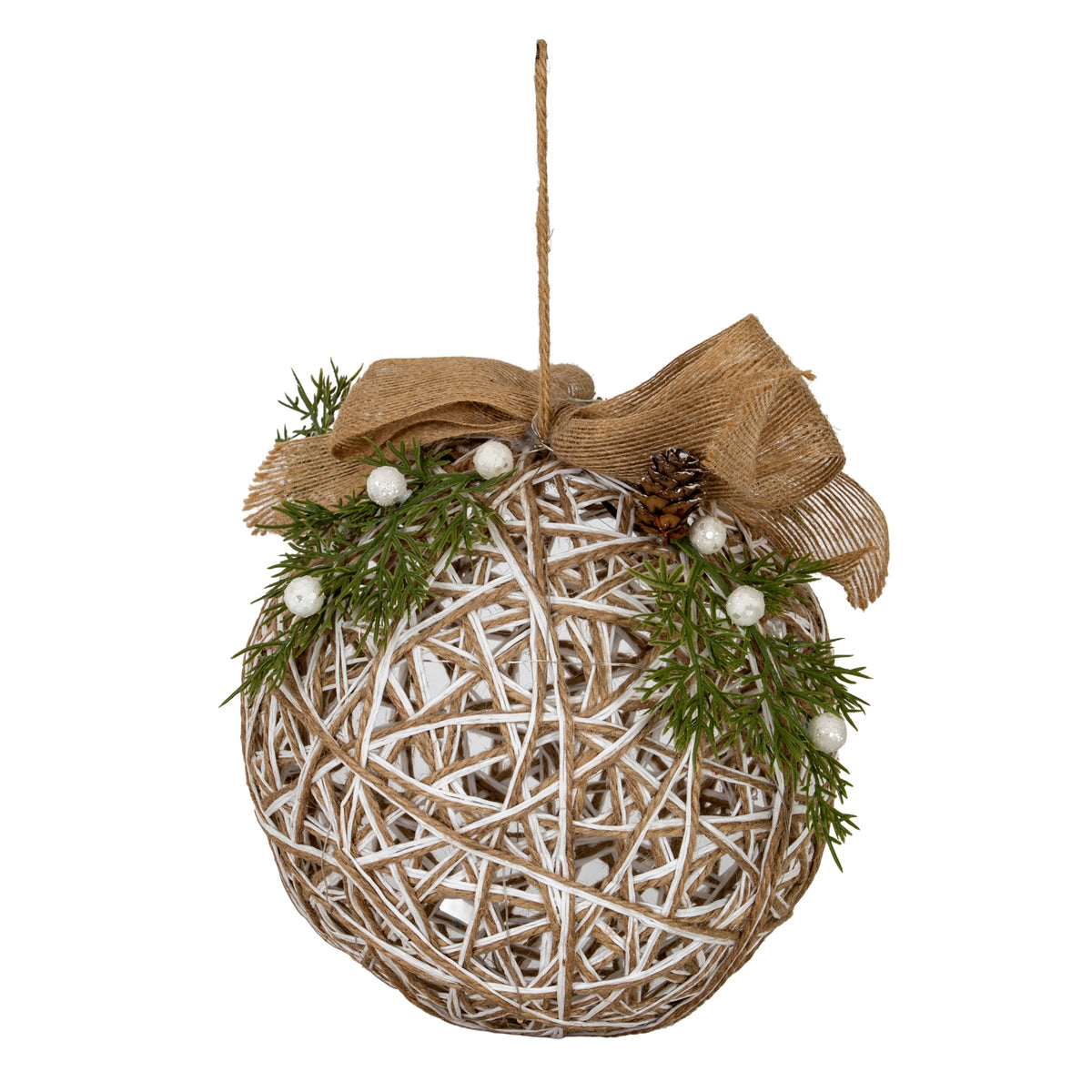 Large LED White Rattan Bauble With Branches And Ribbon - PLAINLY DOES IT