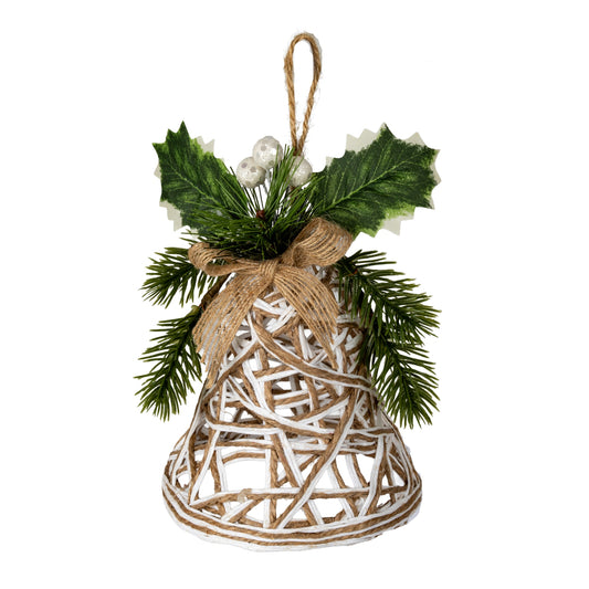 White Rattan Bell Decoration With Branches And Ribbon - PLAINLY DOES IT