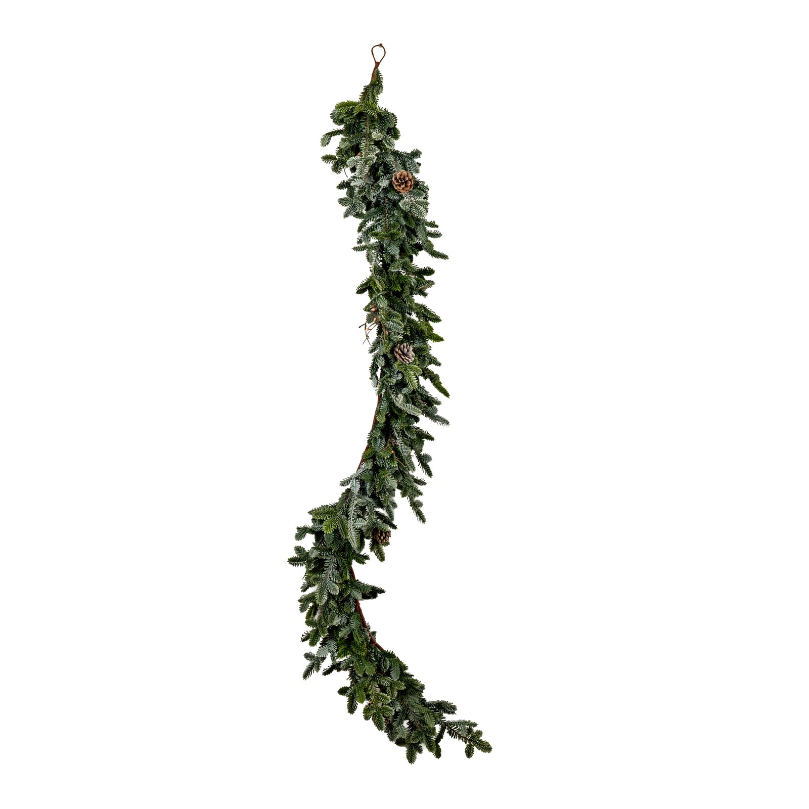 A long, narrow hanging garland made of dark green pine or fir branches with a light dusting of white faux snow, small pinecones, and a metal hanging loop at the top, isolated on a white background.