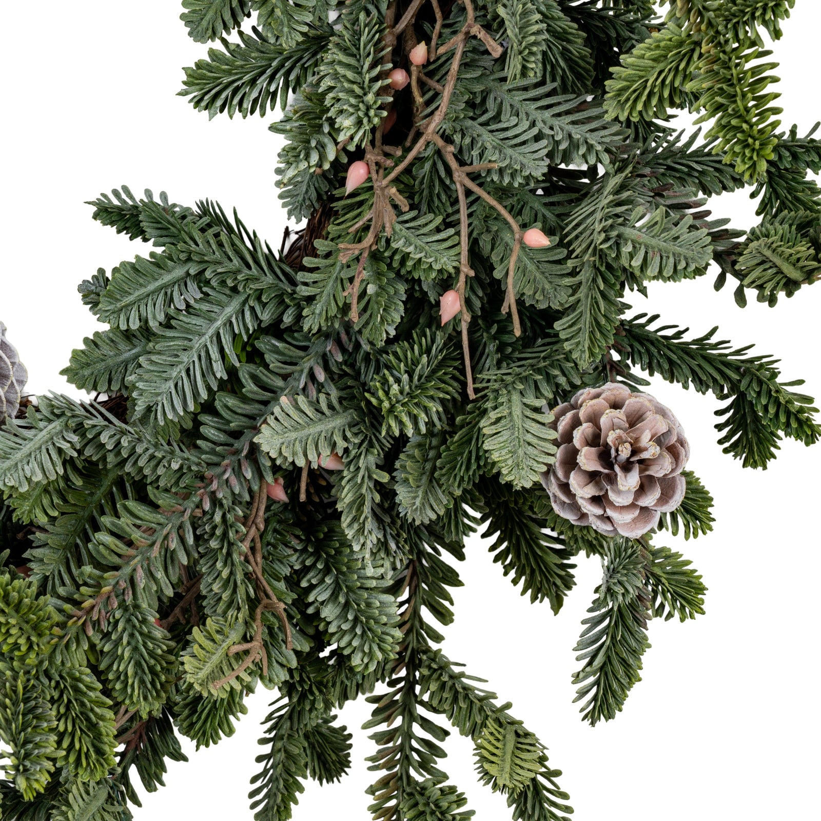 Artificial Christmas garland with green leaves and pinecones on a white background