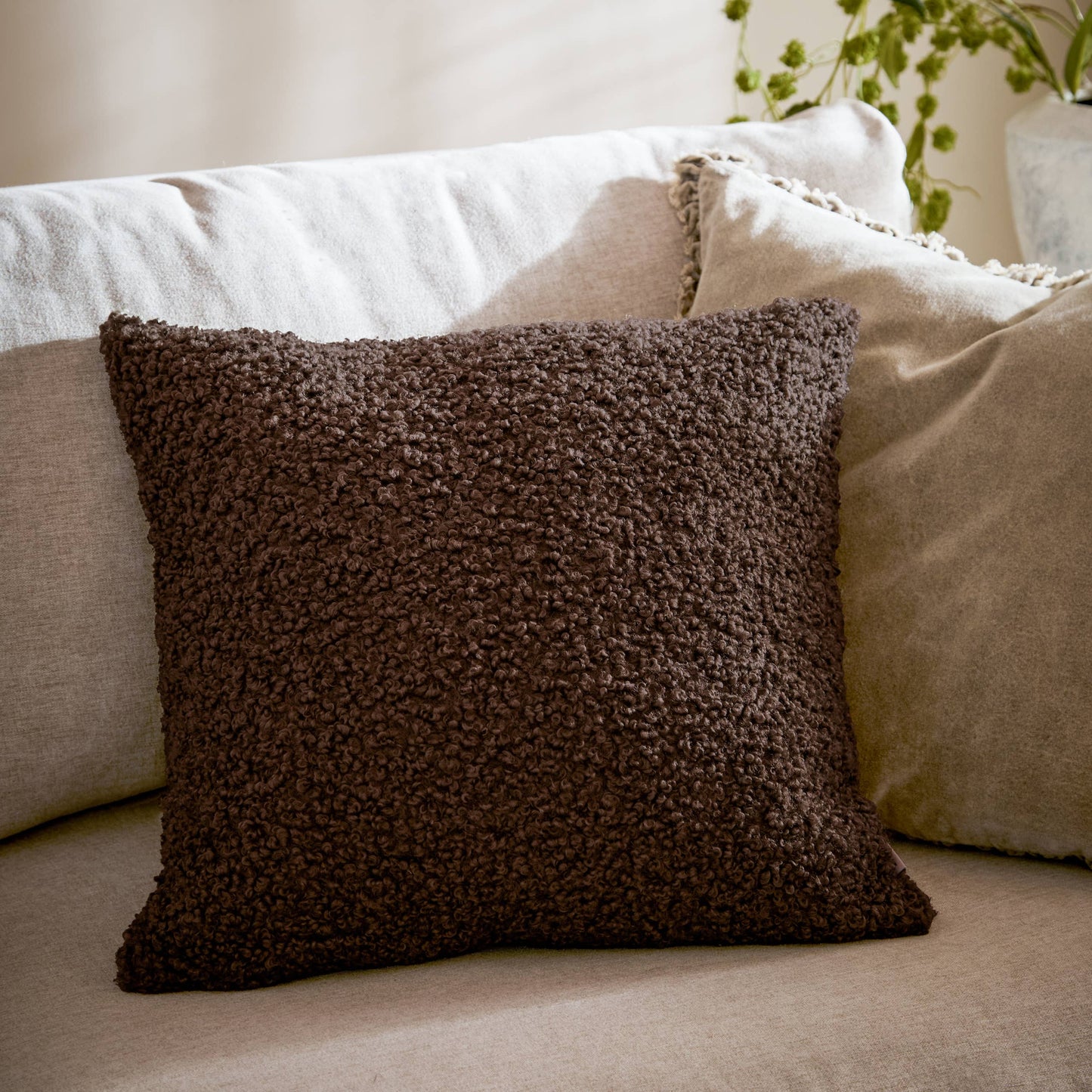 Cabu Chunky Bouclé Cushion - Chocolate, Feather Filled, 55 × 55cm