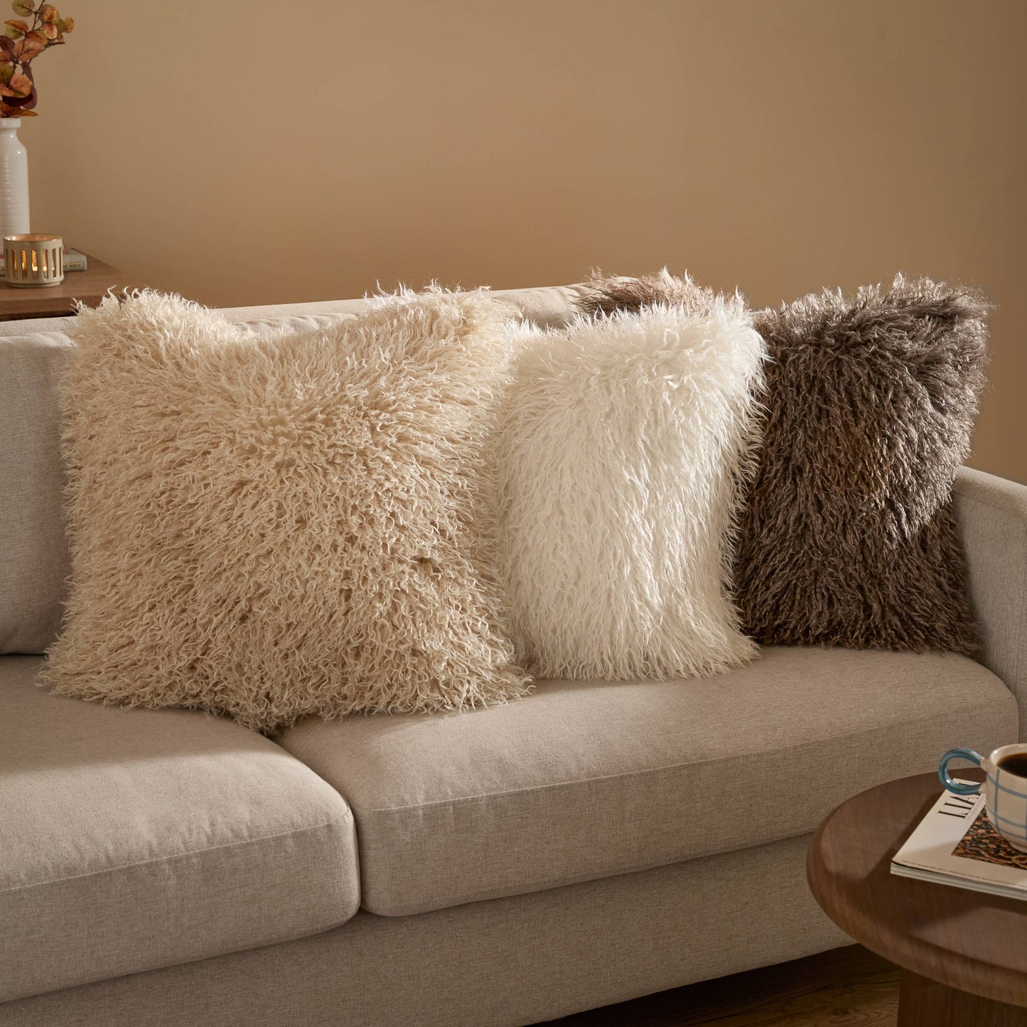Rowan Faux Fur Cushion - Mocha, Feather Filled, 50 × 50cm