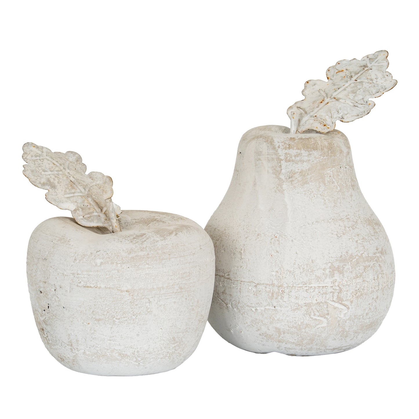 Decorative stone apples with leaf accents on a white background