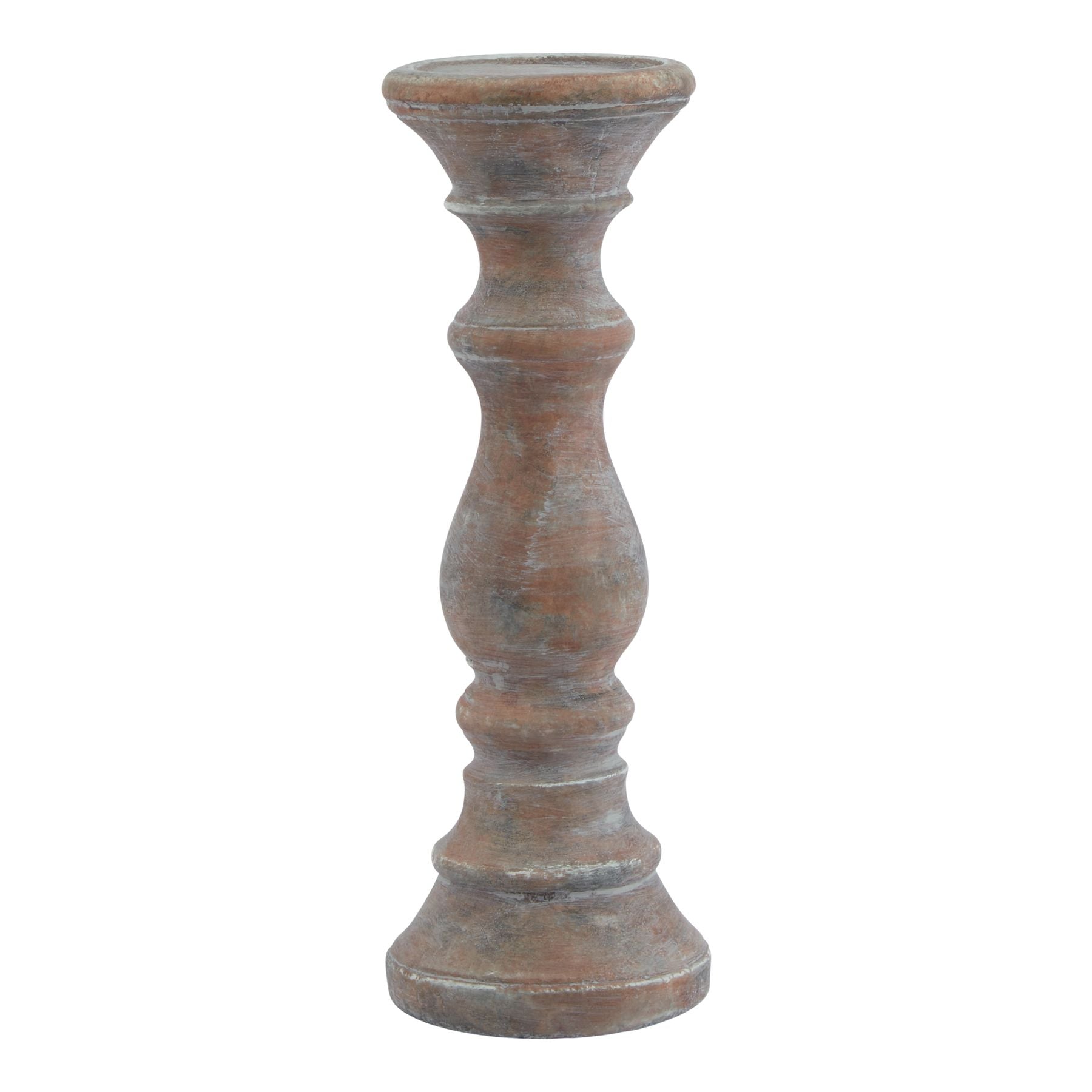 Decorative candle holder with a rustic finish on a white background