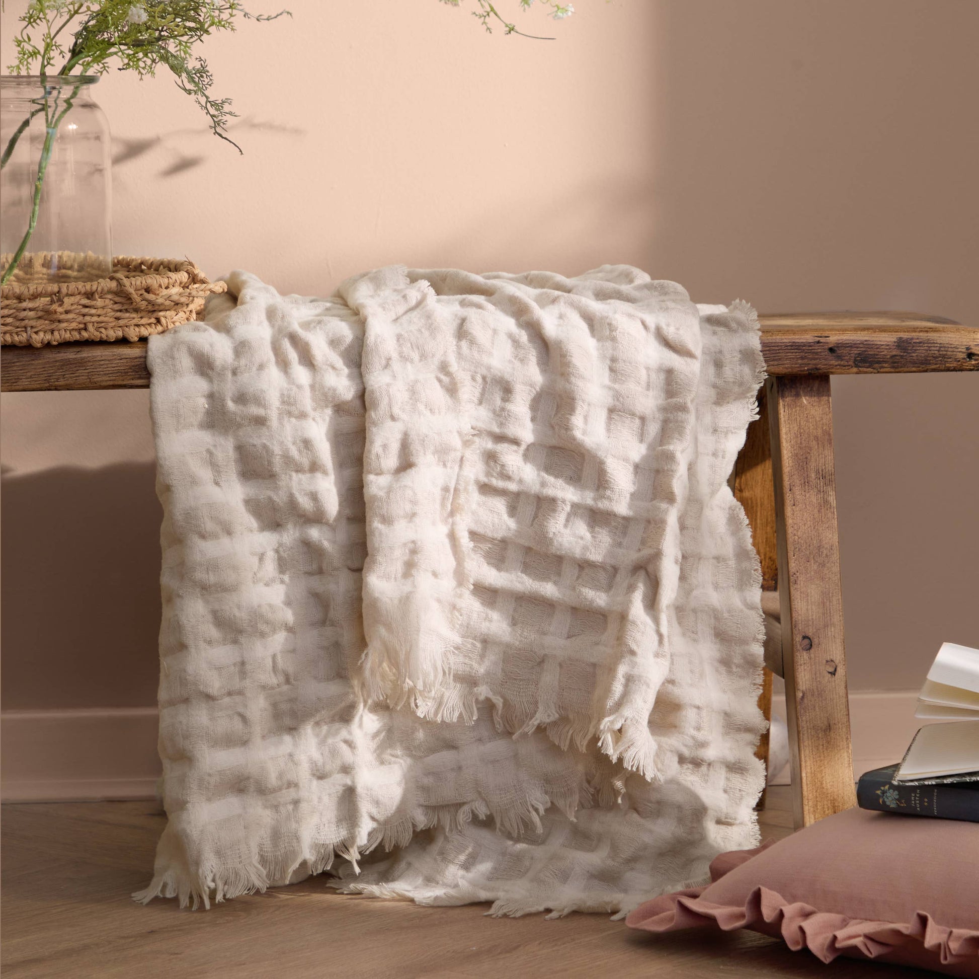 Walton Waffle Fringed Throw - Linen, 130 × 180cm