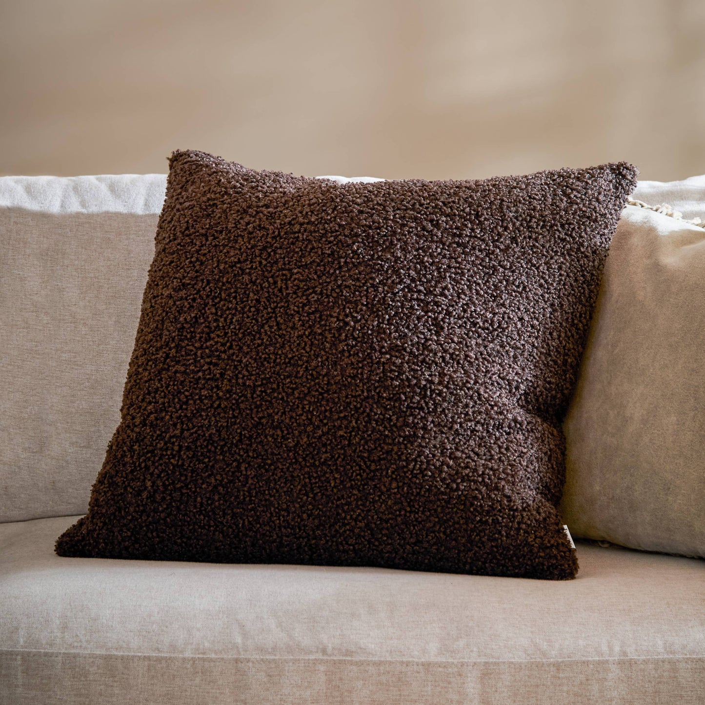 Cabu Chunky Bouclé Cushion - Chocolate, Feather Filled, 55 × 55cm