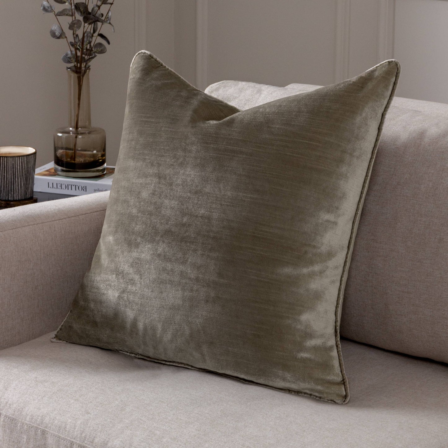 Luxe Velvet Piped Cushion - Mink, Feather Filled, 55 × 55cm